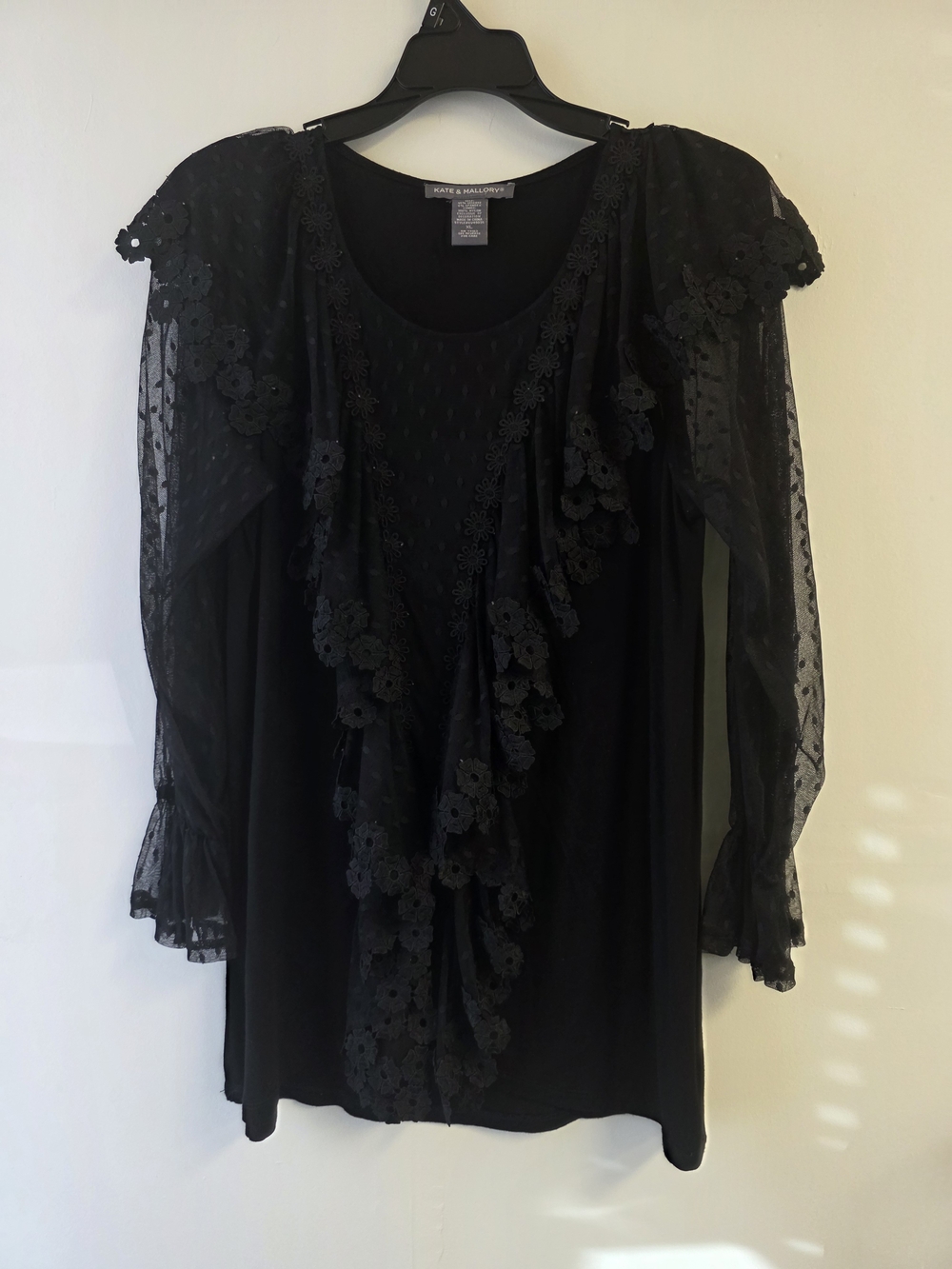 Kate & Mallory Black Floral Lace Ruffle Blouse